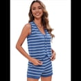 thumbnail image 1 of Conjunto de 2 Piezas para Mujer, de Verano, de Punto A Rayas, con Botones, Cuello en V, Chaleco y Pantalones Cortos. Azul M, 1 of 7