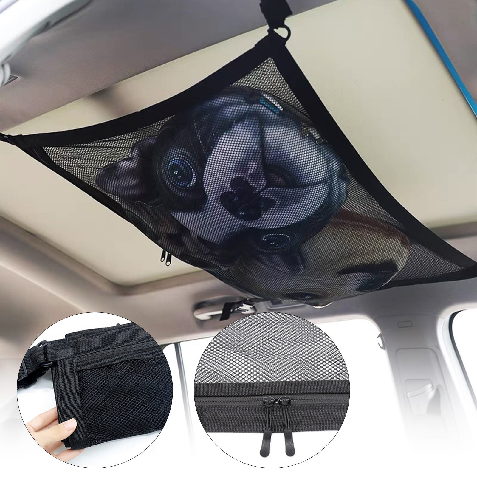 31.5 x21.2 Inch Car Ceiling Cargo Net Pocket, Adjustable Car Roof Cargo Net  Mesh Bag, Double-Layer Mesh Car Ceiling Storage Net for Long Road Trip