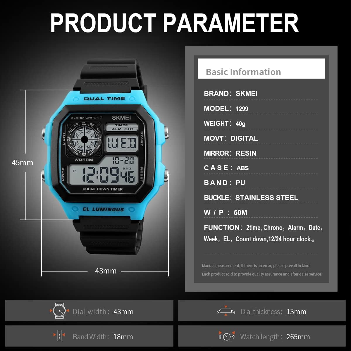 Wrist Watch for Men, Digital Sports Waterproof Watch with Dual Time Chronograph Countdown Alarm Backlight