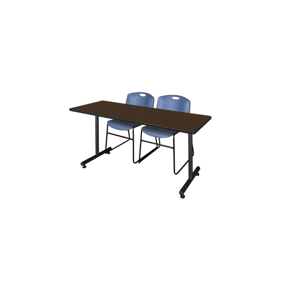 Regency Kobe 60 x 24 in. T-Base Training Seminar Table- Neo Walnut, 2 Zeng Stack Chairs- Blue