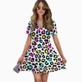 thumbnail image 2 of Colorful Leopard Print Pattern Women Dress V-Neck Short Sleeve Flowy Swing Party Midi Dress, 2 of 4
