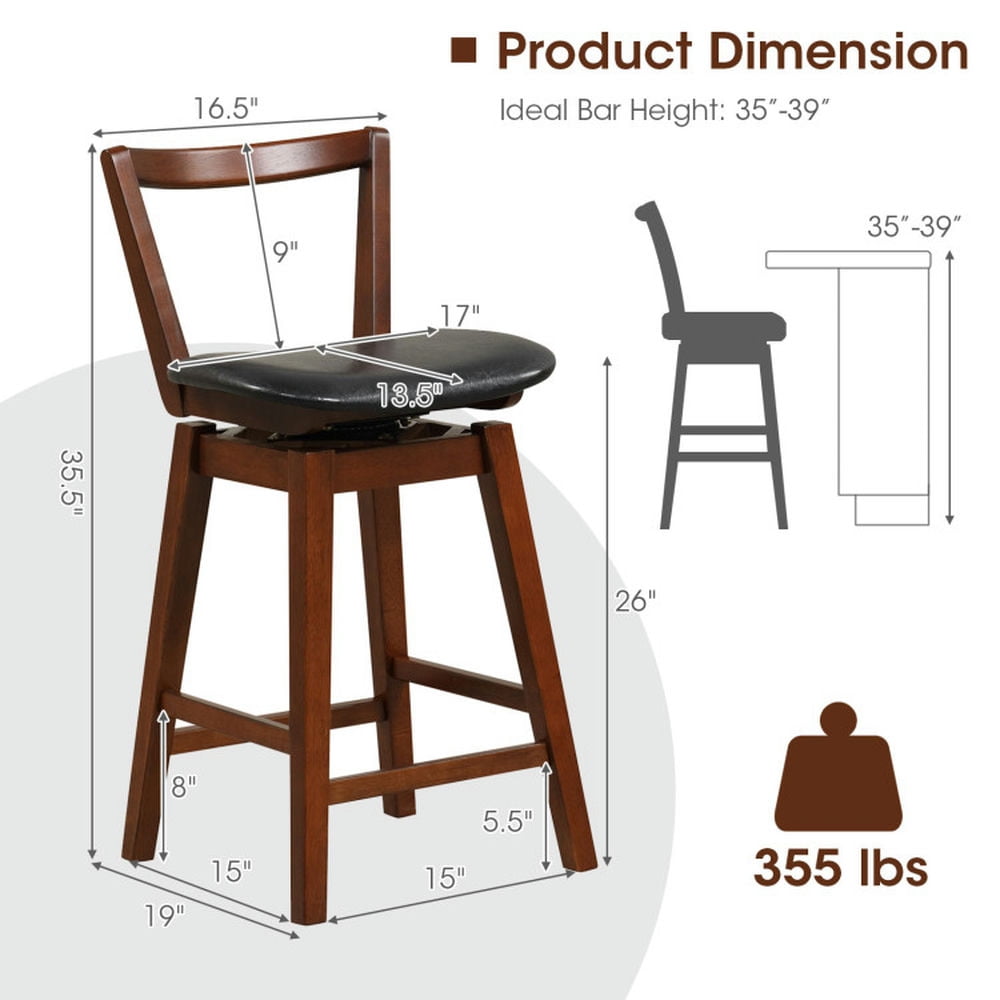 Demi Bonn 26" Swivel Upholstered PU Leather Bar Stool with Backrest and Cushioned Seat, Modern Kitchen Dining Chair, Brown