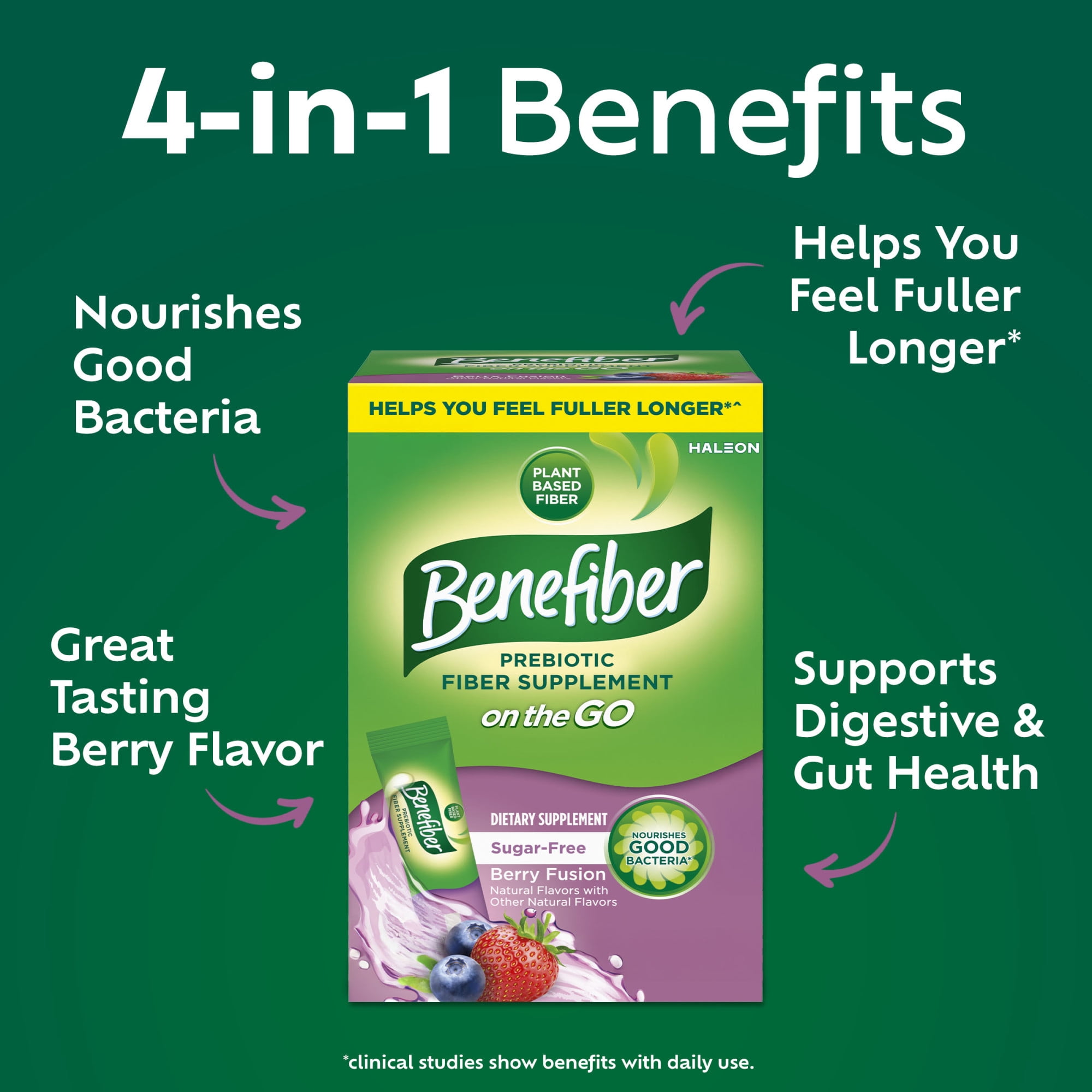 Benefiber Glp-1 Friendly Fiber Supplement, Berry Fusion, On The Go Stick Packs, 24 Count