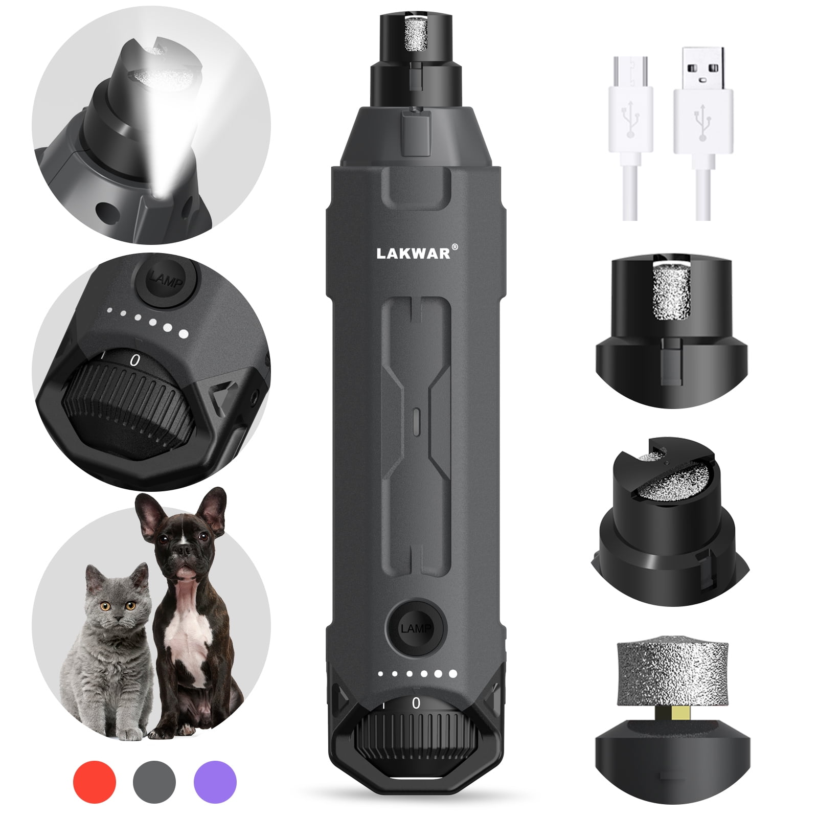 LAKWAR Dog Nail Grinder,6Speed Pet Nail Grinder W/Light Quiet
