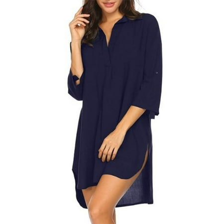Xdegoge Beach Coverups for Women 2025 V Neck Button Pool Cover Up 3/4 Sleeve Bathing Suit Coverups Bikini Swimsuit Beach Coverups Beach Dress Shirt Navy S Vestidos Para Mujer Flash Deals