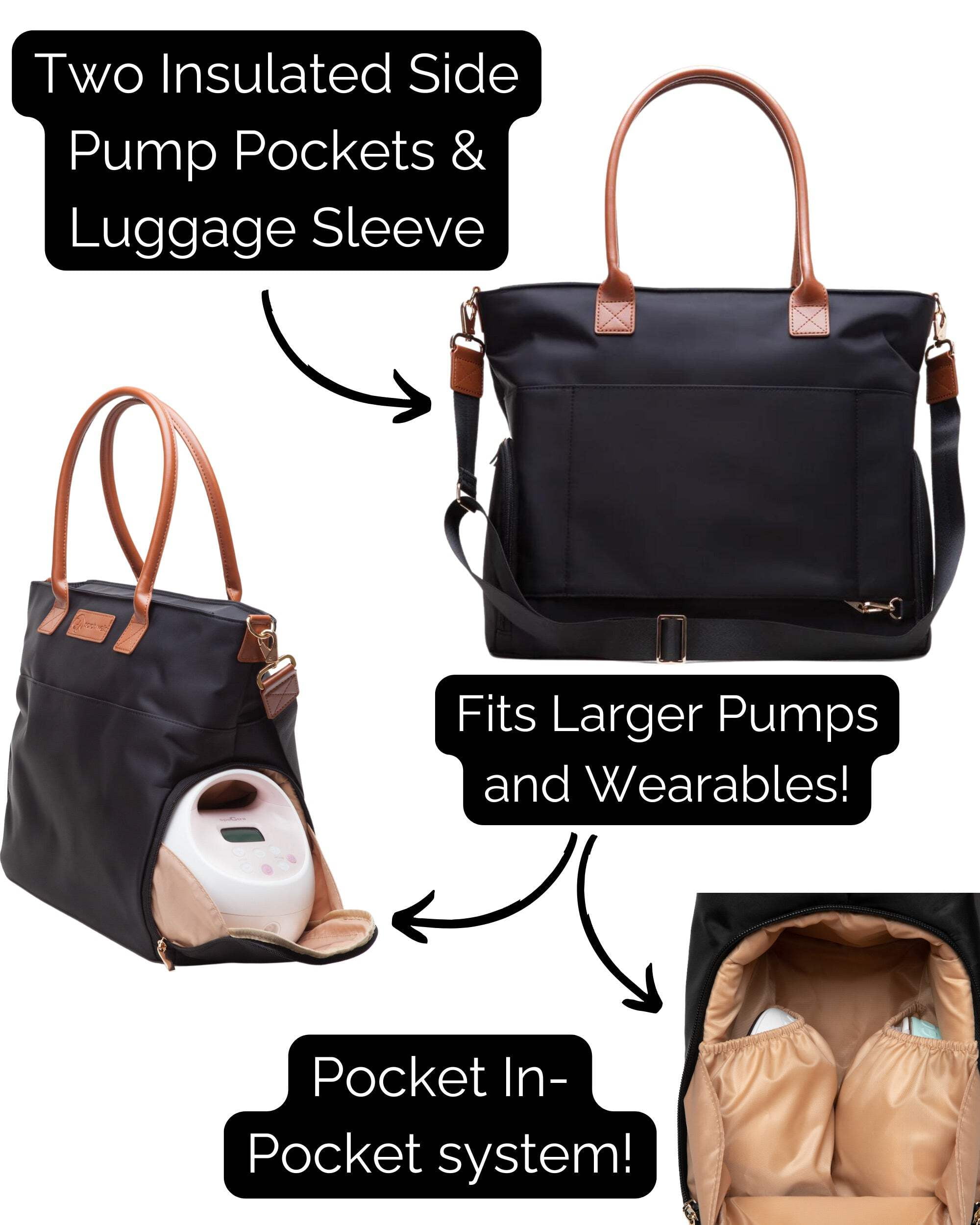 Sarah Wells Abby Breast Pump Tote – Real Leather Straps – Insulated Pockets, Laptop Storage  Easy-Clean Interior