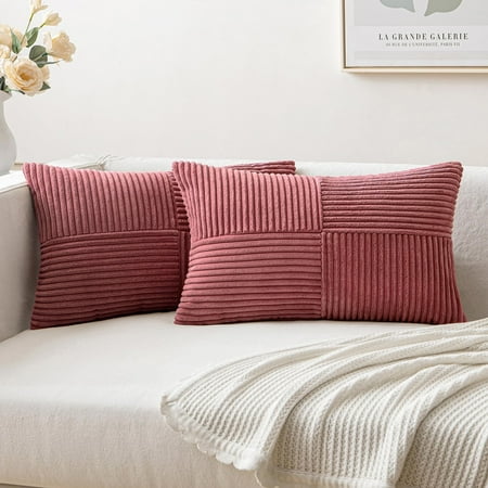 

MIULEE Cranberry Red Corduroy Pillow Covers Pack of 2 Boho Decorative Spliced Throw Pillow Covers Soft Solid Couch Pillowcases Cross Patchwork Textured Covers for Living Room Bed Sofa 16x16 inch