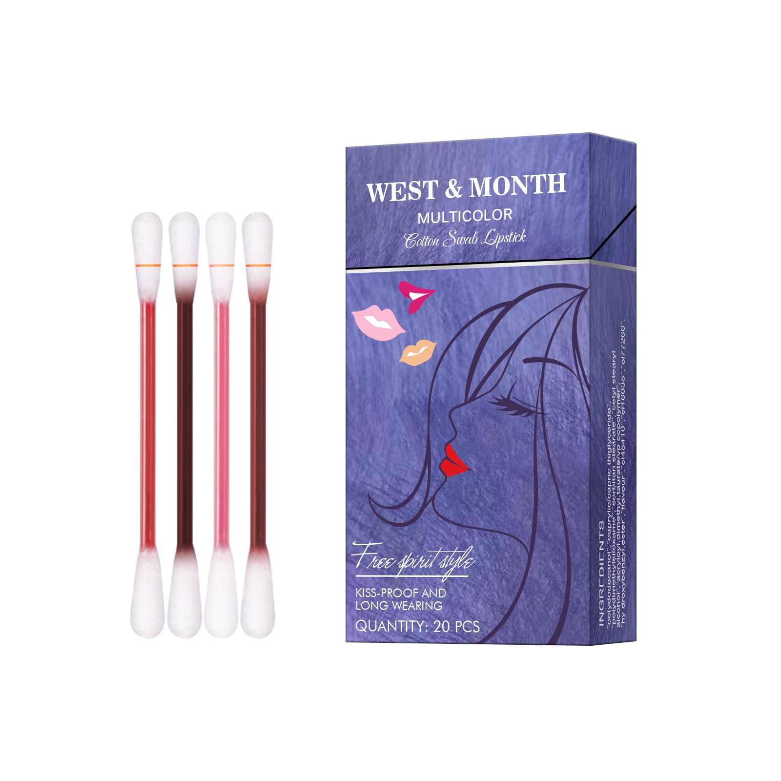Tattoo lipstick cotton swabs, 4 colors, longlasting kissproof lip stain, Labial
