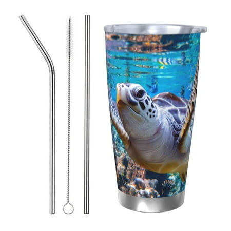 

Lukts Sea Turtle Swims for 20OZ Car Cup Stainless Steel Direct Drinking Straw Thermos Cup Suitable for Office Travel and Car-Straw Three-piece Set