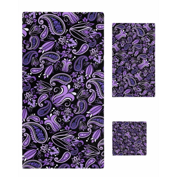 Boho Purple Floral Towel Set of 3, Soft Microfiber Bath Towels, Hand Towel, Washcloths, Farmhouse Botanical Vintage Paisley Flower Quick-Dry Absorbent Towels for Bathroom Kitchen Hotel Beach Gym Spa