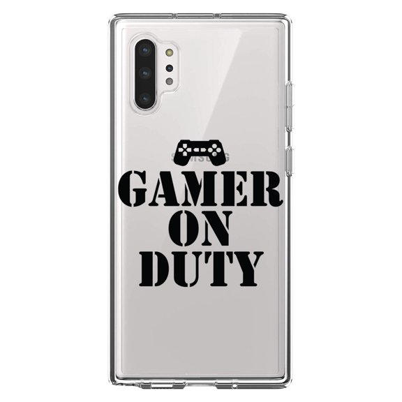 DistinctInk Clear Shockproof Hybrid Case for Galaxy Note 10 PLUS (6.8" Screen) - TPU Bumper Acrylic Back Tempered Glass Screen Protector - Gamer on Duty Video Games