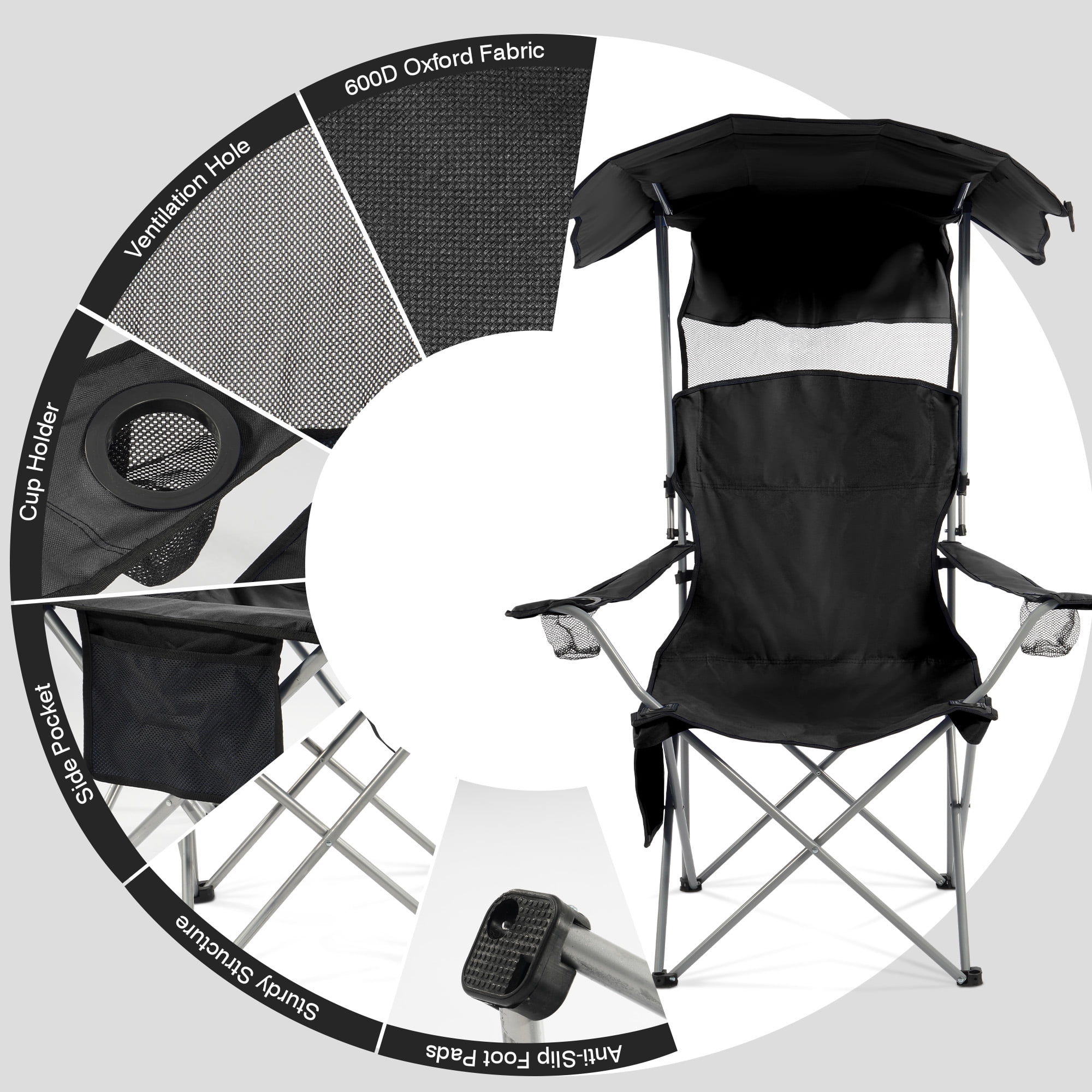 FlexWave Folding Camp Chair，Portable Outdoor Chair，with Shade & Cup Holder，for Camping, Beach, Fishing, and Sports Events