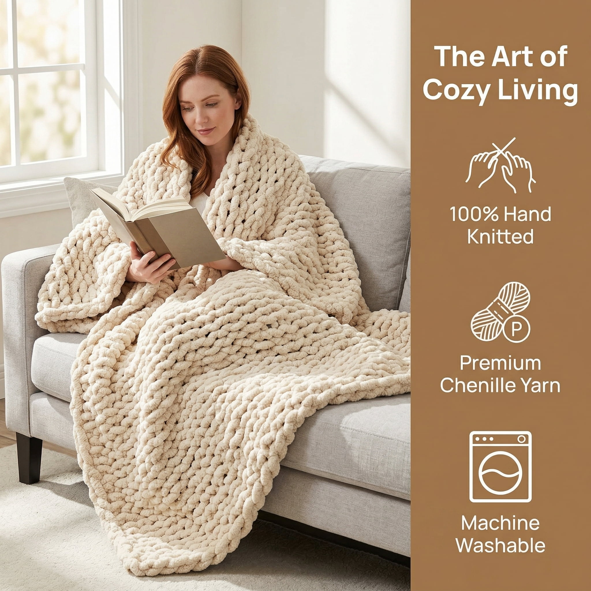 HomeCozy Chunky Knit Throw Blanket, 50x60 Inch Beige Soft Thick Chenille Blanket for Couch, Bed, Sofa, Cozy Hand Knitted Rope Knot Crochet Throw