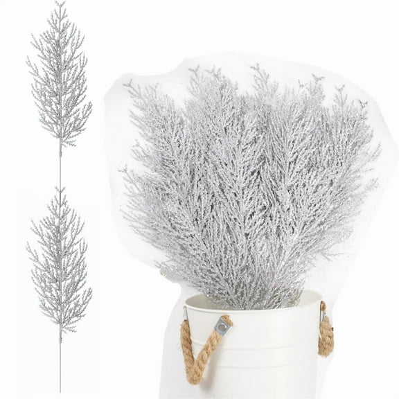 24 Pcs Silver Artificial Pine Branches Glitter Christmas Fake Foliage Pine Needles Picks Plastic Leaves Sparkling Cedar Sprays DIY Garland Wreath for Home Office Christmas Party By HYG