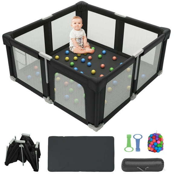 Baby Playpen 51" x 51", Play Pens for Babies and Toddlers Baby Fence Play Yards for Indoor & Outdoor with Breathable Mesh Anti-Fall Playpen, Black