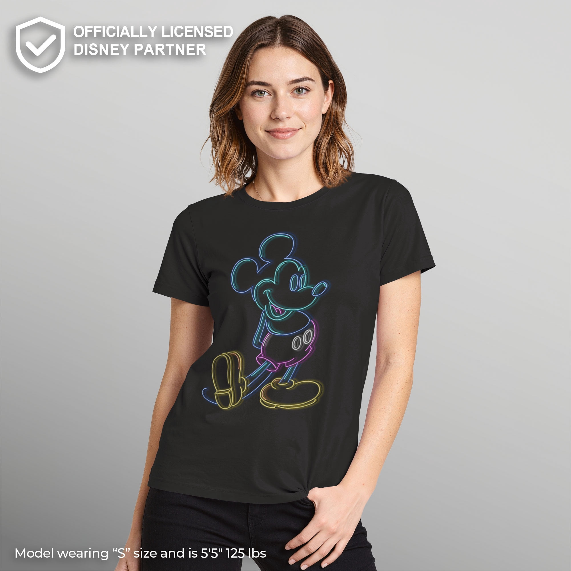 Women's Mickey & Friends Bright Neon Mickey Mouse Outline Graphic Tee Black Medium