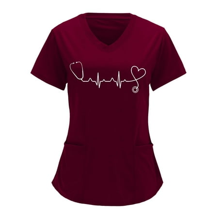 

Yyeselk Women Heart Nursing Print Scrubs Tops Nurse Uniforms Working Short Sleeve V Neck T-Shirt with Pockets Blouses Tee Shirts Tshirt(Wine XXL)