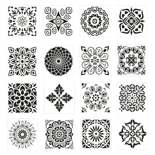 16Pcs Plantillas de pared de 6 x 6 pulgadas para pintar,plantilla de azulejos, plantilla de mandala plantillas de muebles, plantillas de piso para suelos de pintura Sunnimix Plantilla de pintura mural Stencil