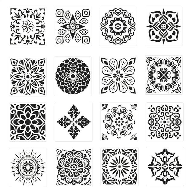 16Pcs Plantillas de pared de 6 x 6 pulgadas para pintar,plantilla de azulejos, plantilla de mandala plantillas de muebles, plantillas de piso para suelos de pintura Sunnimix Plantilla de pintura mural Stencil