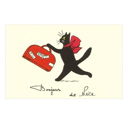 Black Cat with Suitcase, French Greetings from Nice Print Wall