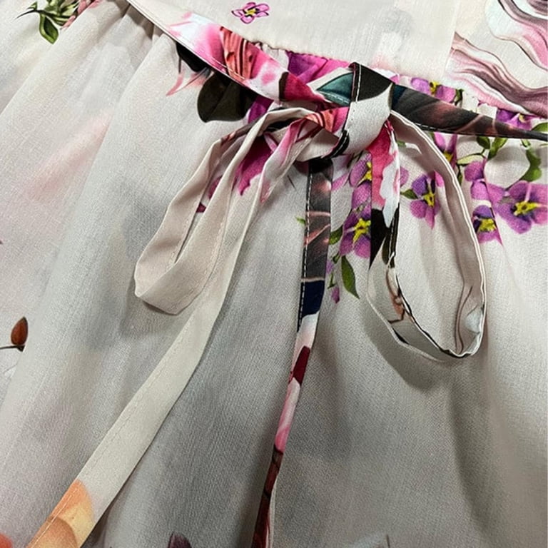 knee length dresses for ladies 3/4 Sleeve Ribbon Detail Tiered Printed Midi Dress main image 1