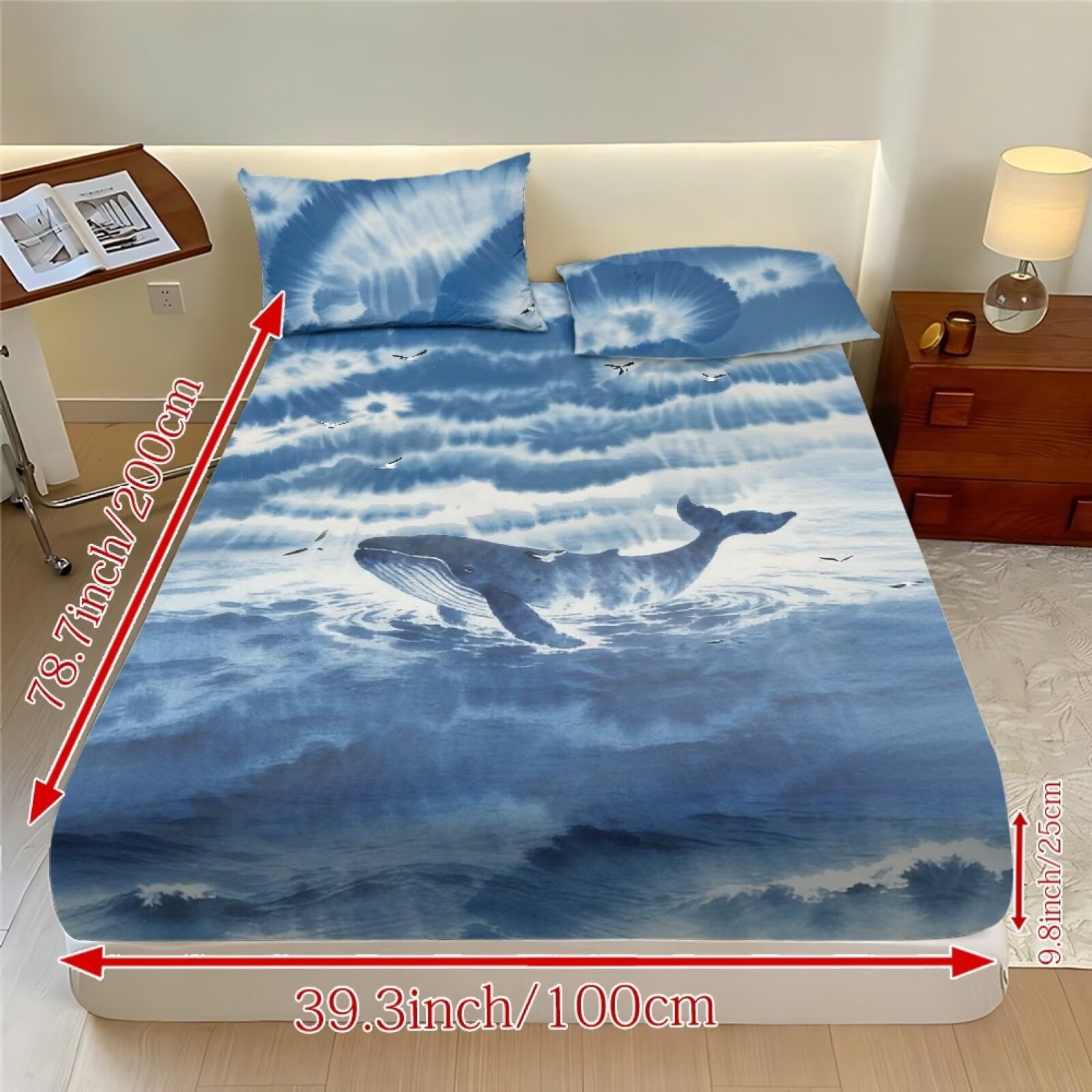 ZIATUBLES Full Sheets Set 3 Pieces,Lightweight Breathable Bed Sheets, Soft Cozy Bedding 9.8" Standard Pocket Sheets with Elastic Bottom Straps, Blue Tie-Dye Whale Print