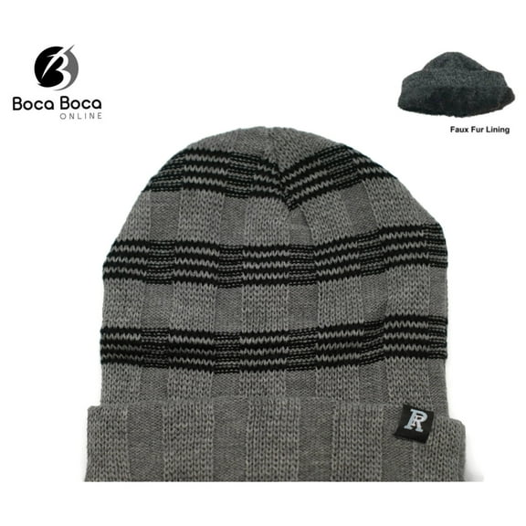 Unisex Soft Winter Beanie Plush Fur Lined Knit Striped Top-Solid Fold WN4596-1