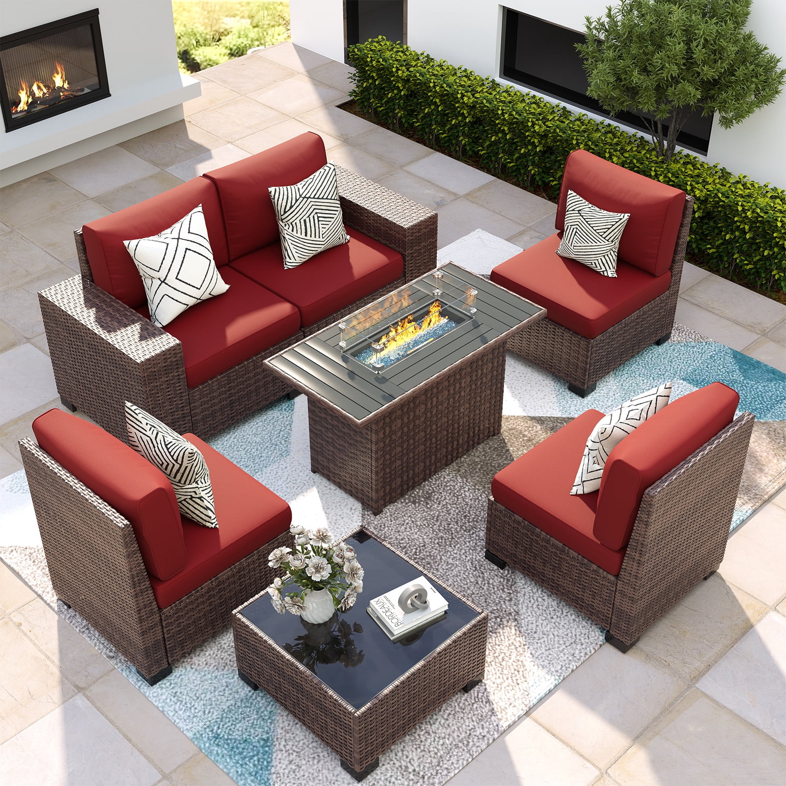ELPOSUN Outdoor Sectional Furniture Set with Fire Pit Table, 7-Piece Brown Rattan Wicker Conversation Sofa Set for Porch Garden Backyard Balcony,Wine Red