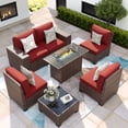 thumbnail image 2 of ELPOSUN Outdoor Sectional Furniture Set with Fire Pit Table, 7-Piece Brown Rattan Wicker Conversation Sofa Set for Porch Garden Backyard Balcony,Wine Red, 2 of 10