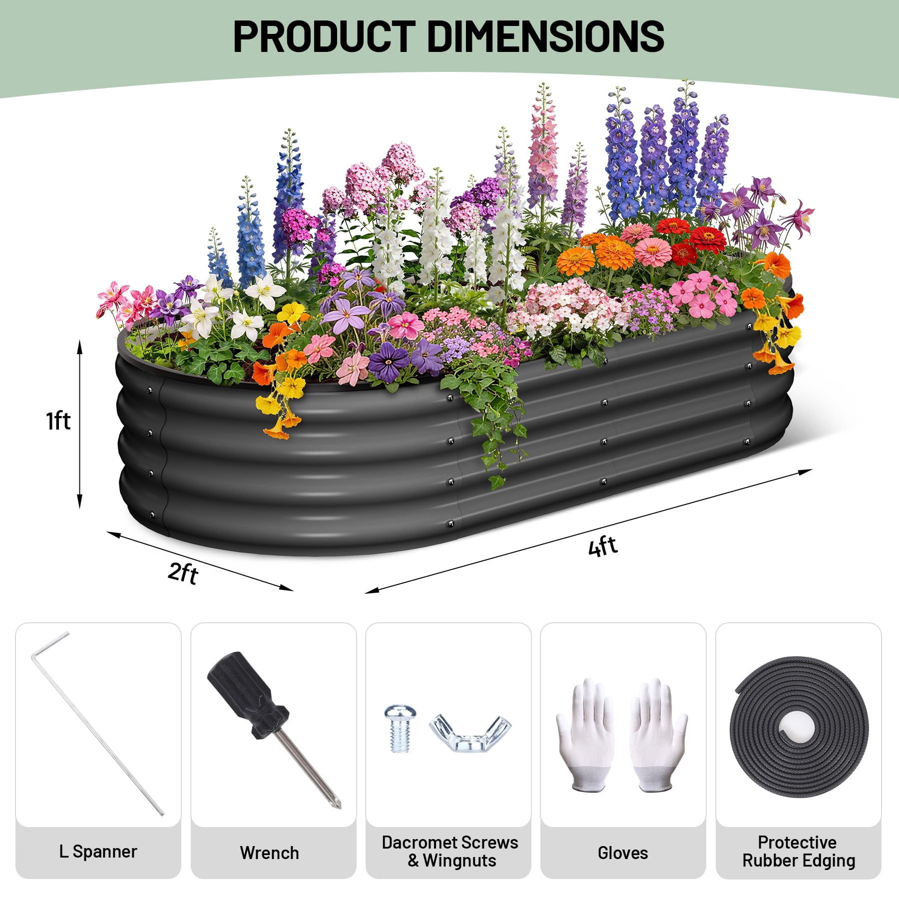 2 Pcs Galvanized Raised Garden Bed, Raised Garden Beds Outdoor, Oval Planter Raised Beds with Gloves and Rubber Edge Trim for Vegetables, Flowers and Herbs, 4x2x1 FT, Dark Grey