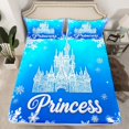 thumbnail image 2 of Manfei Dreamy Castle Queen Sheet Sets 4-Piece for Girls, Princess Print Flat Sheet, Blue White Snowflakes Queen Fitted Sheet, Lightweight Room Decor, 2 of 7