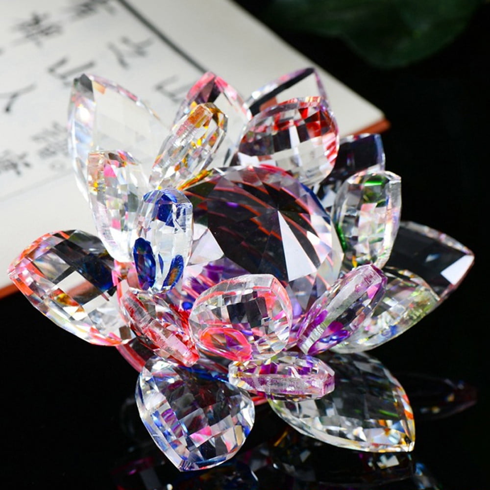 Lotus Crystal Glass Figure Paperweight Ornament Feng Shui Decor Collection Gift 