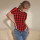 thumbnail image 3 of Balery Retro red and Black Houndstooth Body de cuello redondo de manga corta para mujer Tops de manga corta Tops básicos-XX-Large, 3 of 7