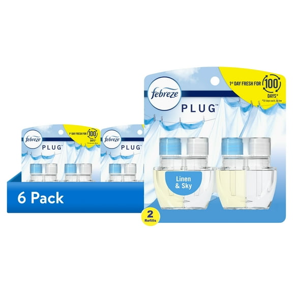 (6 pack) Febreze Plug In Air Freshener, Odor-Fighting Scented Oil Refill, Linen & Sky, 2 Refills