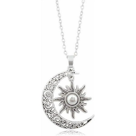 Vintage Bronze Crescent Moon and Sun Pendant Necklace Retro Swirl Filigree Unisex Jewelry Gifts