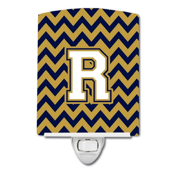 Caroline's Treasures CJ1057-RCNL Letter R Chevron Navy Blue and Gold Ceramic Night Light, 6x4x3", multicolor