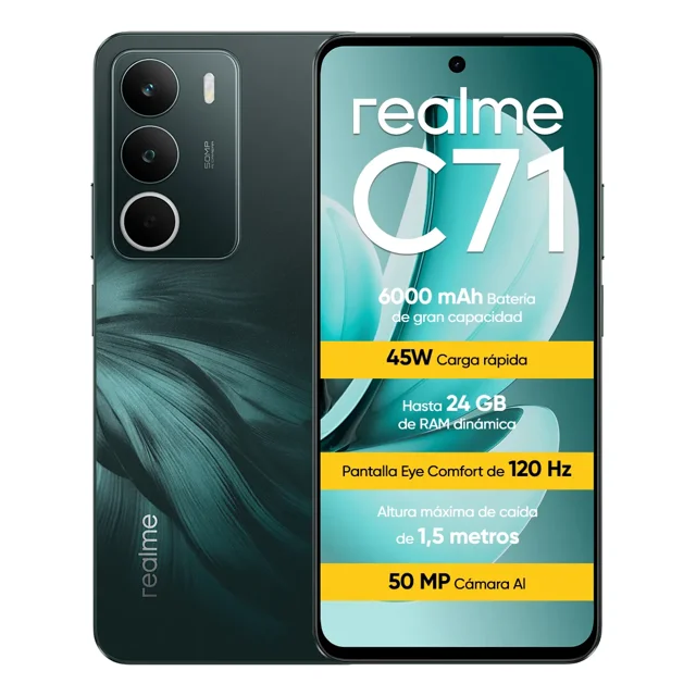 Realme C71 Smartphones 256GB 4GB RAM 6.67" LCD 6000mAh 120Hz Carga Rápida 45W NFC Dual SIM Versión México,Verde