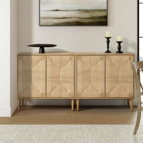Boho Storage Accent Cabinet 2 Rope Woven Doors Set of 2 with Cable Management Oak