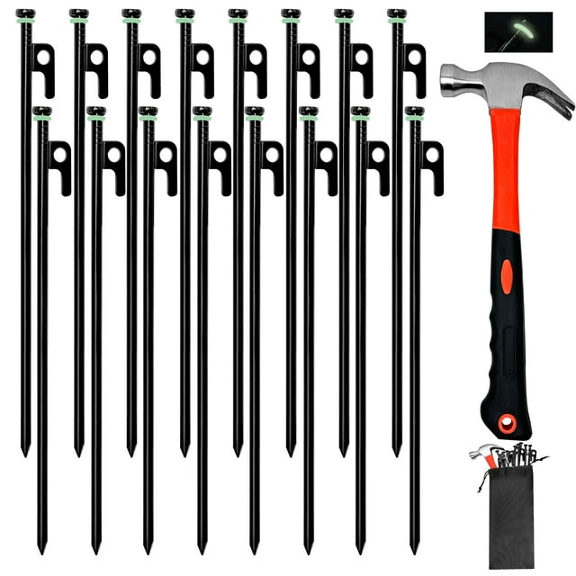 Juego de Estacas para Tienda de Campaña con Martillo Tialero 16 piezas Estacas de 30 cm + Martillo