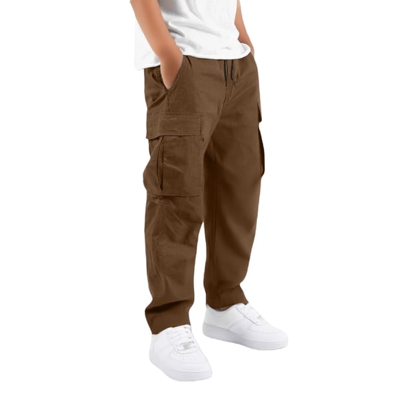 oqasdz Boys' Pants Solid Color Cargo Pants with Multiple Pockets Loose Fit Hiking Trousers for Toddler Kids Play and Daily Wear Casual Summer