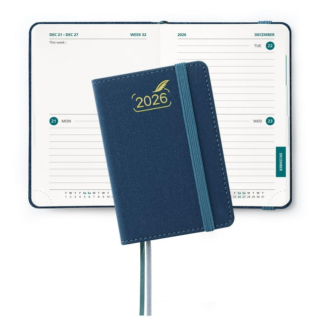 BEZEND Mini Agenda 2026 Bi-Daily & Weekly, (3.25" x 4.75") Pocket Planner- Two Days per Page Runs Jan to Dec 26, Monthly Calendar with Ribbon Bookmarks, Vegan Leather Hardcover - Prussian Blue