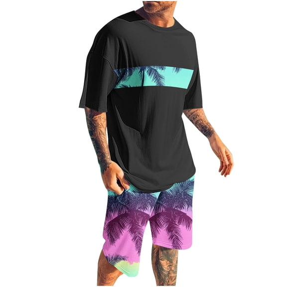 Cavosen Swim Suits for Men 2PC Big and Tall Oversized Short Sleeve Crewneck Shirt Elastic Waist Shorts Print Going Out Tracksuit