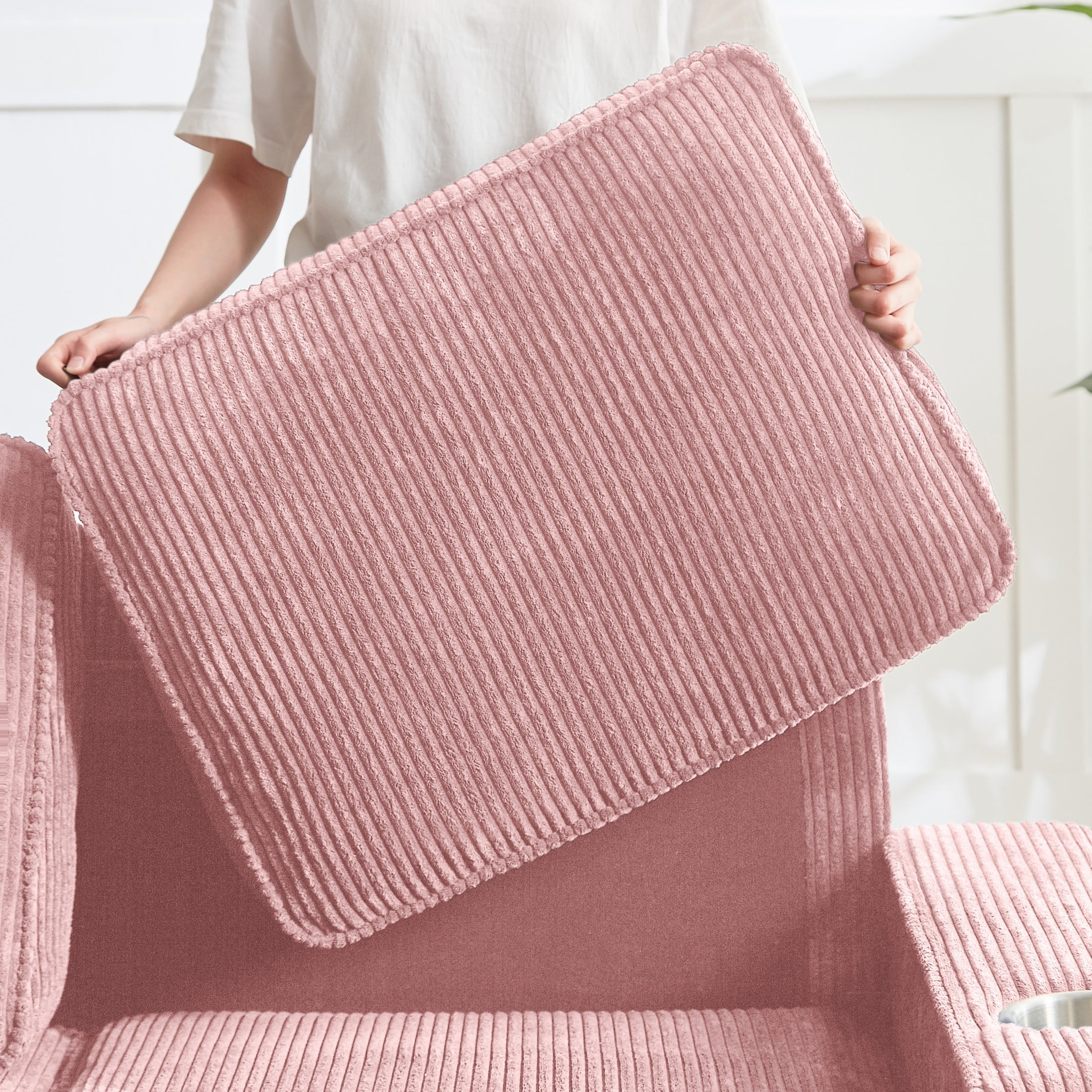 Aukfa 84" Corduroy Sofa with Cup Holders, Modern 3-Seater Fabric Couch for Living Room, Pink