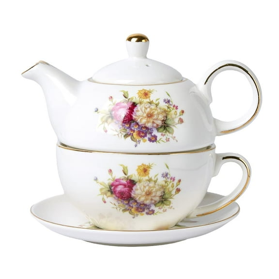 European Porcelain Tea for One, Vintage Floral Teapot and Saucer Set, Gold Trim Floral Teapot, Tea Cup with Saucer Set