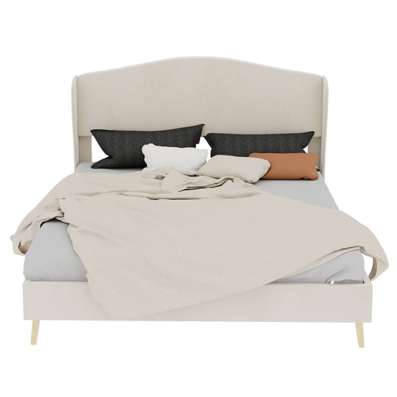 JUYG Queen Velvet Upholstered Bed, Beige