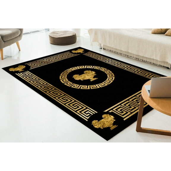 Gold Rug, Step Rugs, Greek Pattern Rugs, Modern Rugs, Living Room Rug, Black Rug, Front Door Rug, Kitchen Rug, Corridor Rug, Luxury Rug, 5.9'x9.2' - 180x280 cm