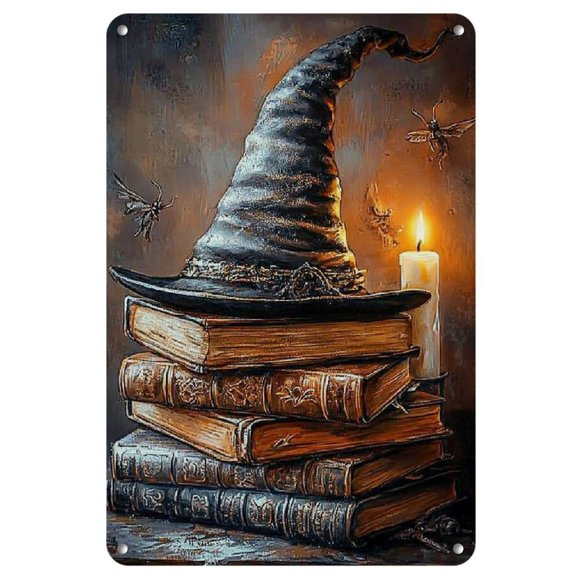 Signalisation Peinte en Métal Vaudou Vintage, plaque Décorative Chapeau de Sorcière et Livre de Sorts, art Mural à Thème Magie Campagnarde, Signalisation en Tôle Métallique Polyvalente pour la Déco de la Maison et du Bureau