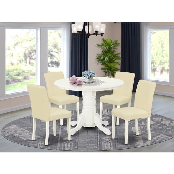 Boho Dining Set 5Pc Table & Chairs - 42" Round Table with Linen White Legs - PU Leather White