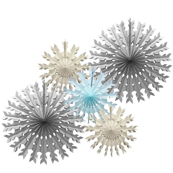 Devra Party 5-Piece Tissue Paper Snowflake Collection, 15 and 22 Inch, Stormy Skies (Gray, White, Light Blue)
