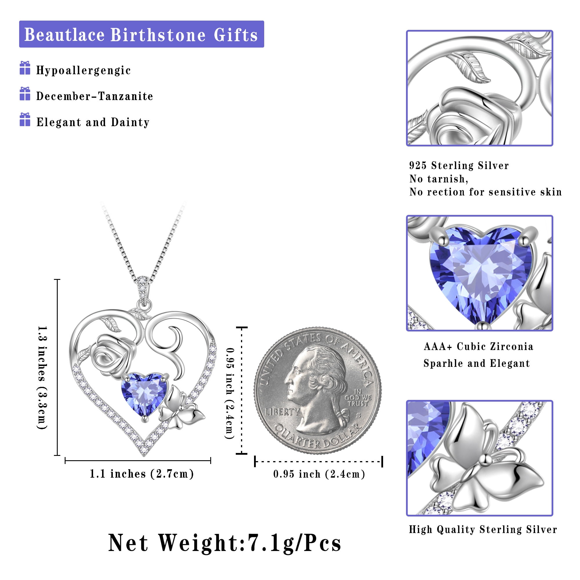Beautlace 925 Sterling Silver Heart Rose Necklace,Butterfly Flower Cute Animal Pendant Necklace Jewelry Birthday Christmas Valentines Mother's Day Gifts for Women Mom -December